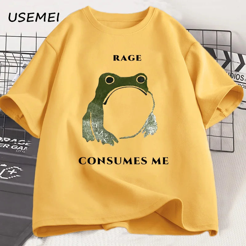 Men's T Shirts Funny Rage Consumes Me Frog Graphic T Shirts Vintage Cotton Short Sleeve Printed T-shirt Mens Clothes Streetwear
