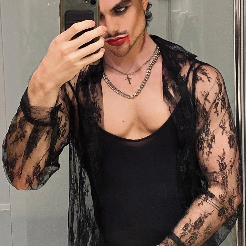 New 2025 Men's Casual Long Sleeve Shirts Black See-through Lace Top Shirts Slim Sexy Club Party Men's Sexy Shirt Hollow Out Tops