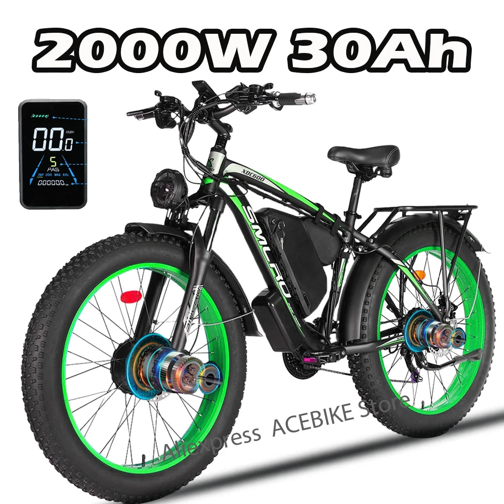 Dual Motor 3000W Peak Electric Bike for Adults 52V 30AH Ebike 26Inch Fat Tire Hunting Bike for Off Road Mountain Snow
