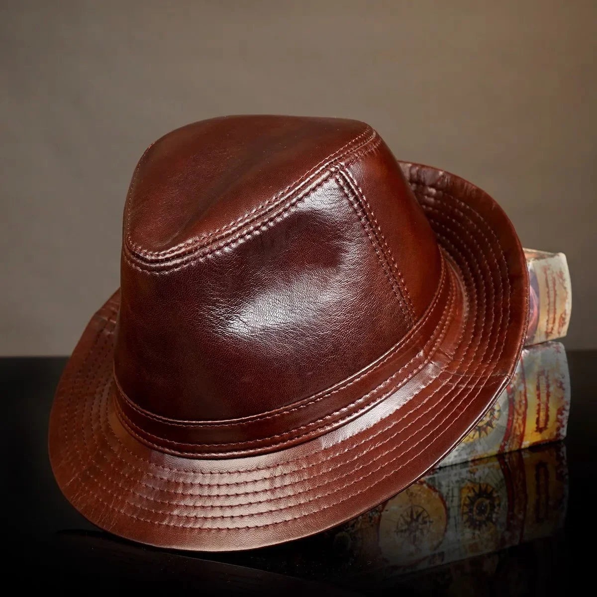 Retro Genuine Leather Cowhide Gentleman Fedoras Hat for Men Travel Warm Autumn Winter Top Hat