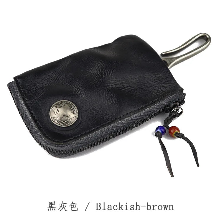 Natural Leather Key Wallet for Men Short Zipper Car Key Holder Real Leather Coin Purse Card Case Bag Keys Organizer Housekeeper