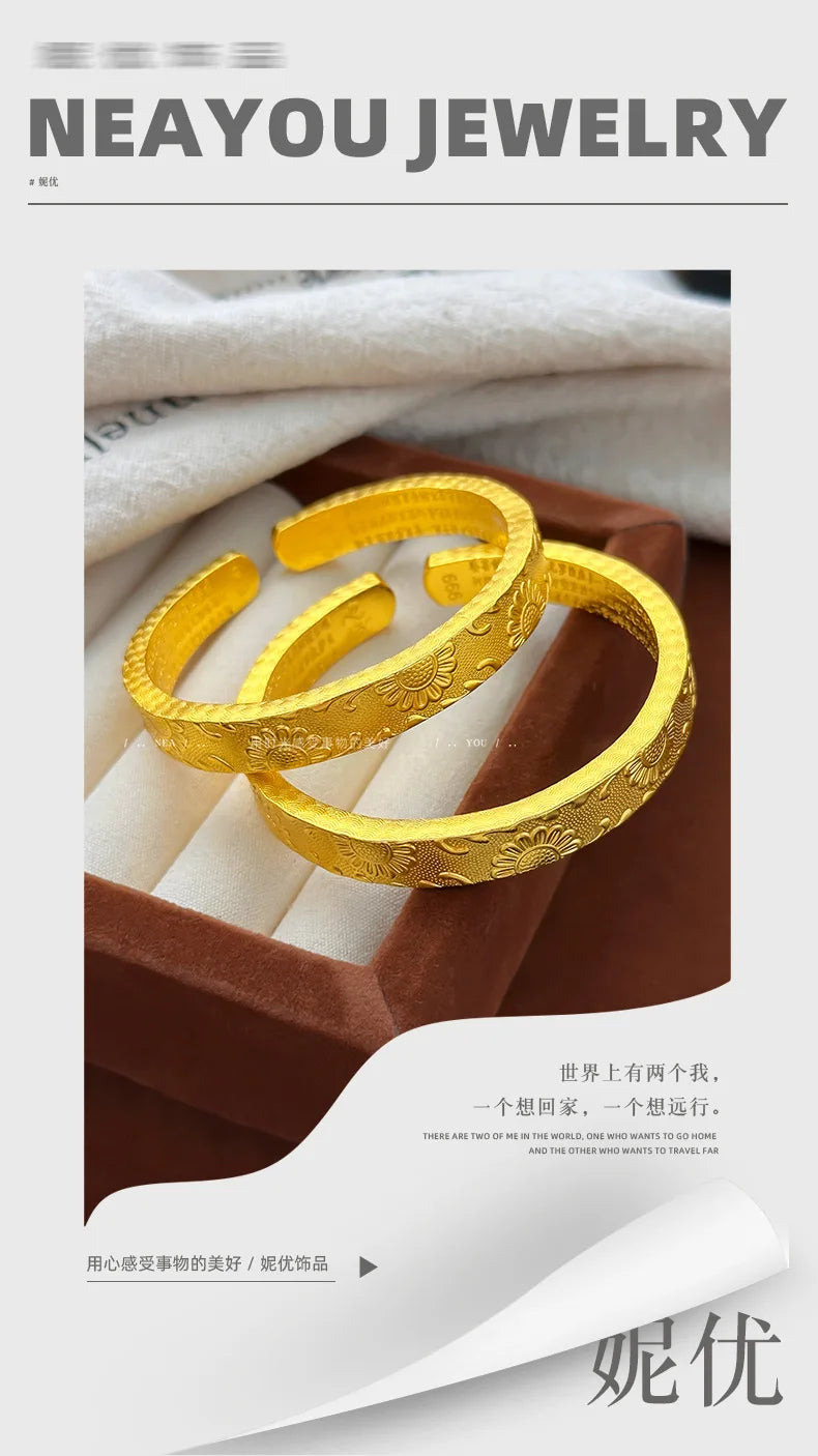 Real 9999 24k Gold Design Is Thickened and Wide, Facing the Sunflower and Engraved with the Heart Sutra, Open Bracelet Bracelet.