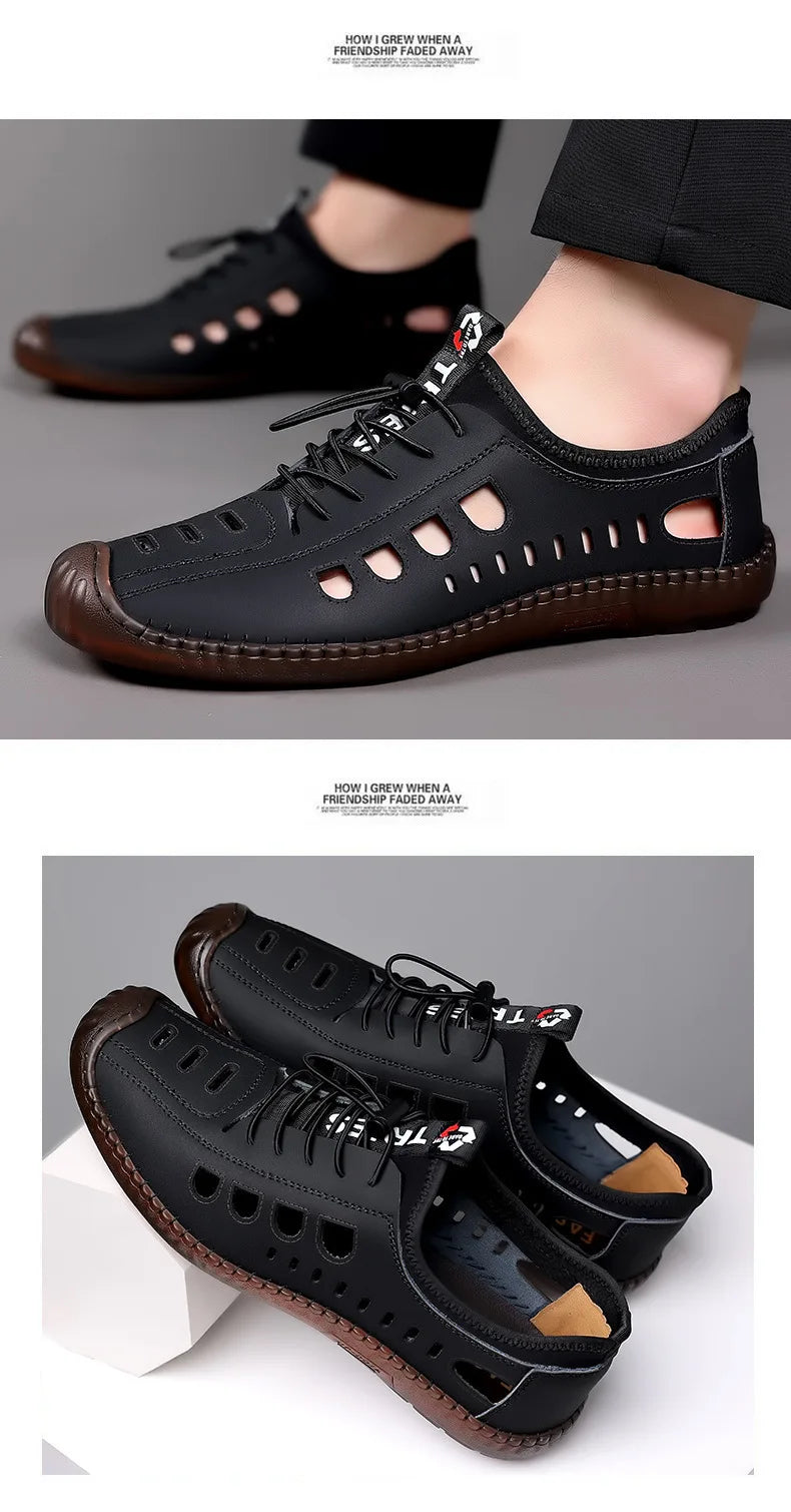 Summer Men's Leather Sandals Tendon Sole Slip on Flat Casual Sandals Outdoor Beach Sandal Shoes for Men Sandalias De Hombre 2025