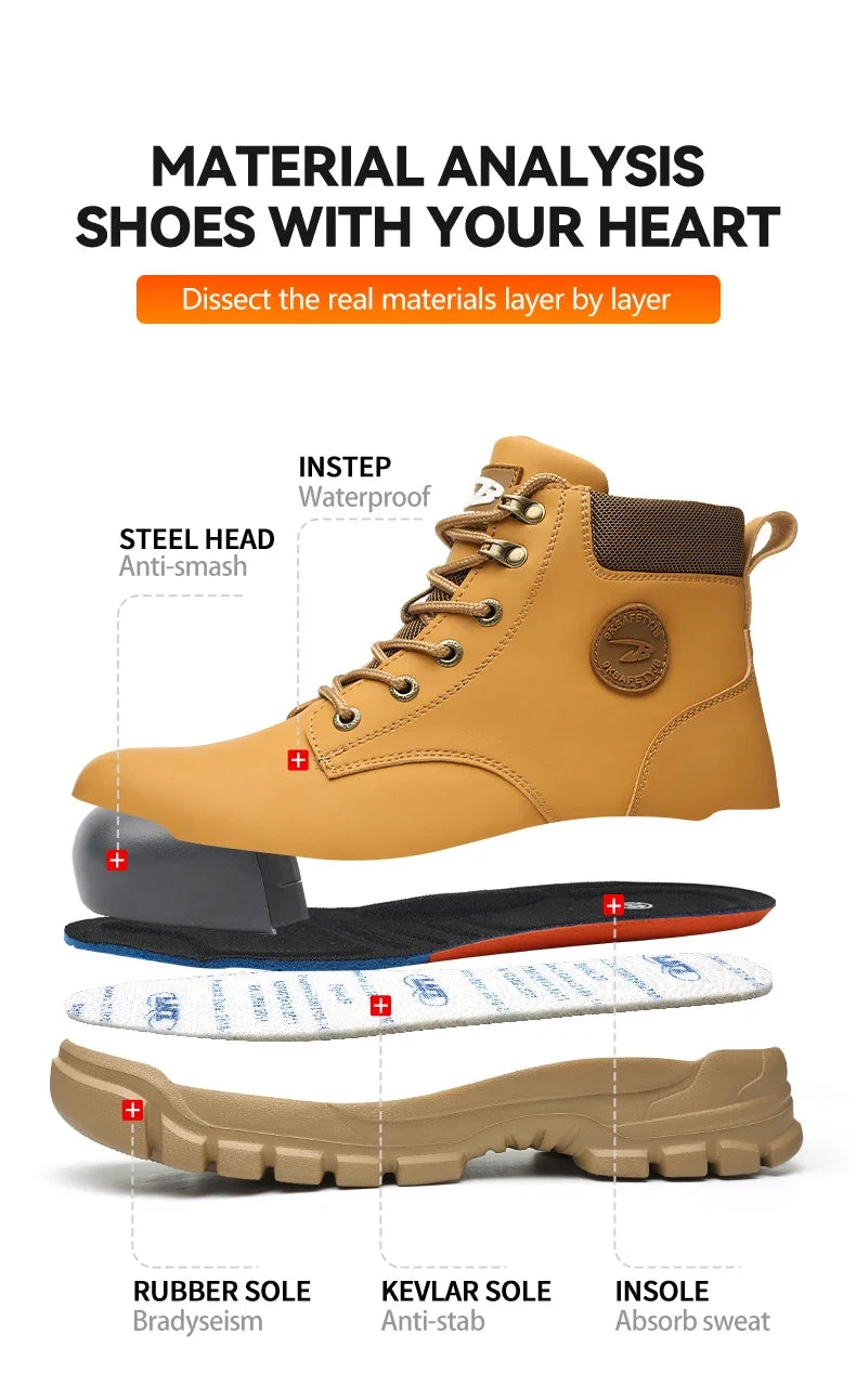 Work Safety Boots for Men, Anti-smash Steel Toe Shoes, Puncture-proof, Indestructible, Waterproof Sneakers Brown Boots