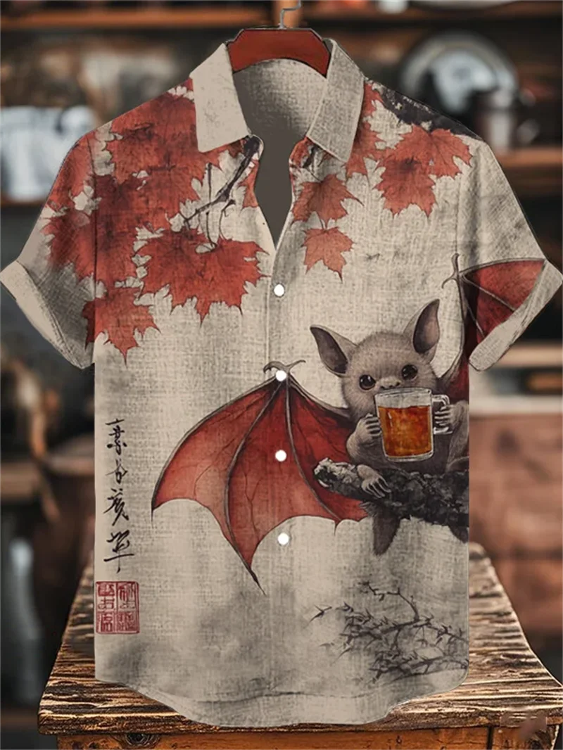 Men's new comfortable linen short sleeved shirt 3D jellyfish print maple leaf pattern button short sleeved top