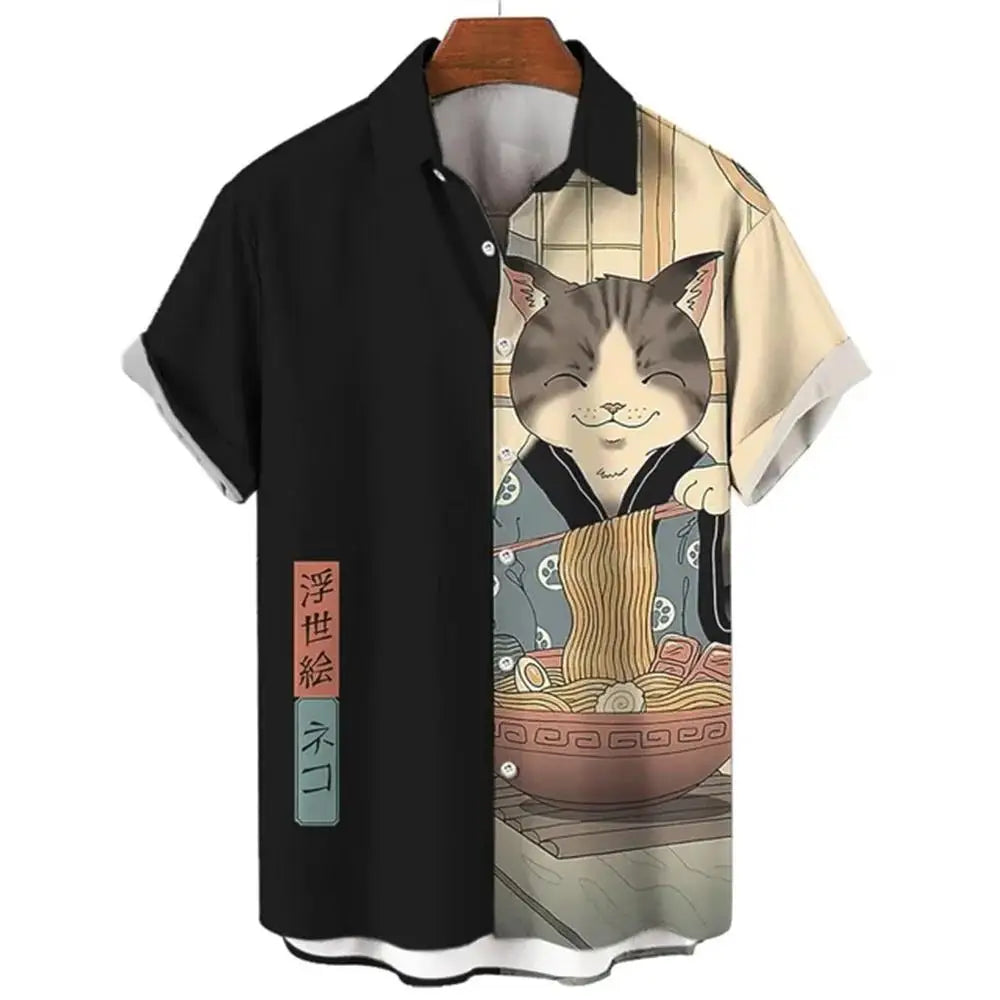 Fashion Men's Clothing Cool Samurai Cat Tops Summer New Men's Clothing Casual Short-Sleeved Anime Loose Blouse Hawaii Beaches