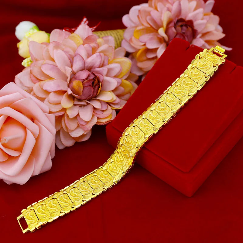24k Yellow Gold Color Watch Bracelet for Men Dragon Pattern Male Gentleman Bracelet Hand Chain Wedding Engagement Jewelry Gifts