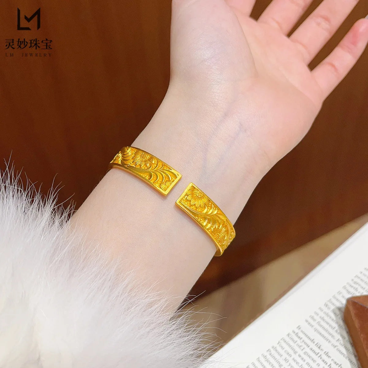 Classic Bangle Women's 24K Gold AU999 - 24K Gold Retro Fortune Flower Bangle, Carved Craft, Luxury Collection