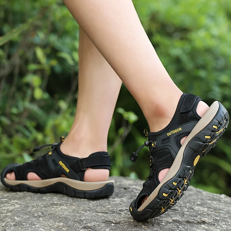 Men's High-quality Leather Sandals - Closed Fisherman Style, Summer Slippers and Hiking Shoes, with Elastic Straps
