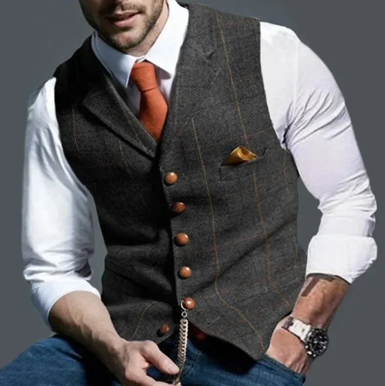Men's Casual Classic Suit Vest Retro Herringbone Lapel Cotton Blended Tweed Slim Business Commuter Suit Lined Vest S-3XL