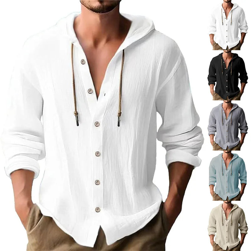 Men's Beach Casual Shirts Cotton Linen Hooded Long Sleeve Shirt Man Fashion Loose Solid Button Cardigan Streetwear Tops Clothing
