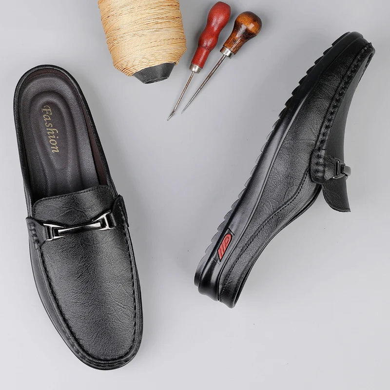 Men Casual Summer Shoes Hollow Out Men's Driving Shoes High Quality Male Business Shoes Half Slippers Genuine Leather Loafers