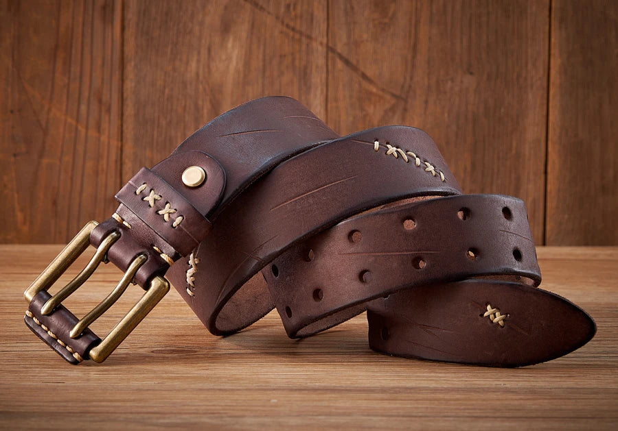 3.8CM Original Genuine Leather Army Tactical Belt Double-needle Buckle Men's Belt Washed Water Made Old Macho Jeans Belt