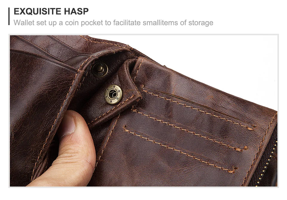 LAREET Fashion Genuine Leather Wallet With Cowhide For Men Money Card Holder Purse RFID Short Double Zipper Coin Pocket Bifold