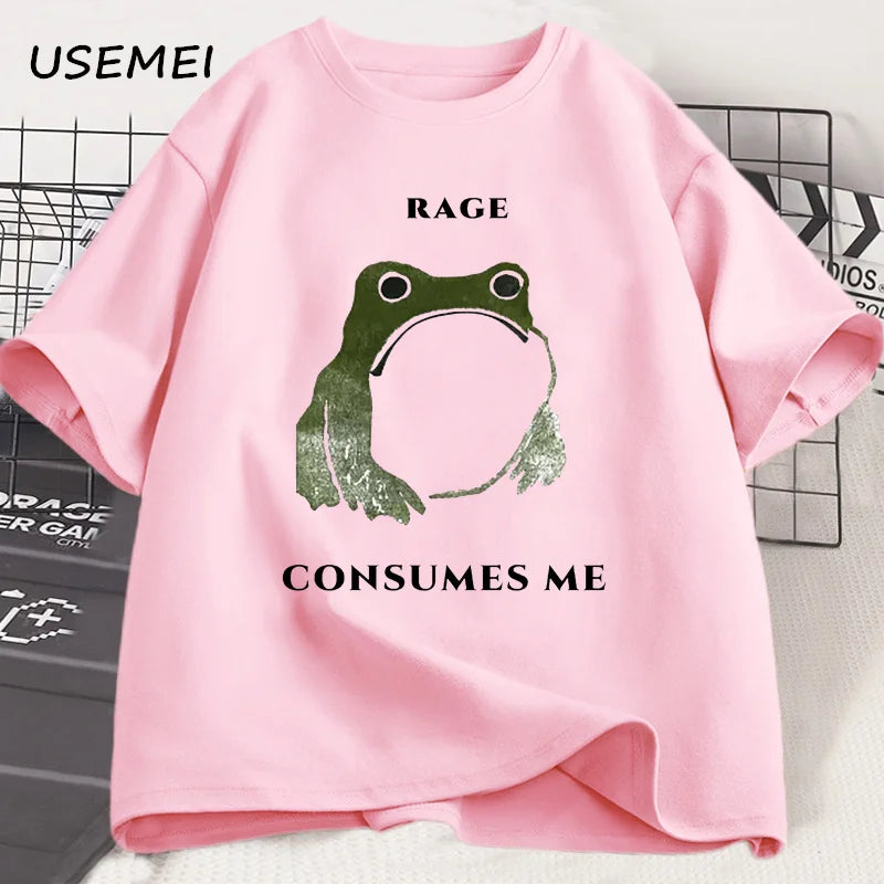 Men's T Shirts Funny Rage Consumes Me Frog Graphic T Shirts Vintage Cotton Short Sleeve Printed T-shirt Mens Clothes Streetwear