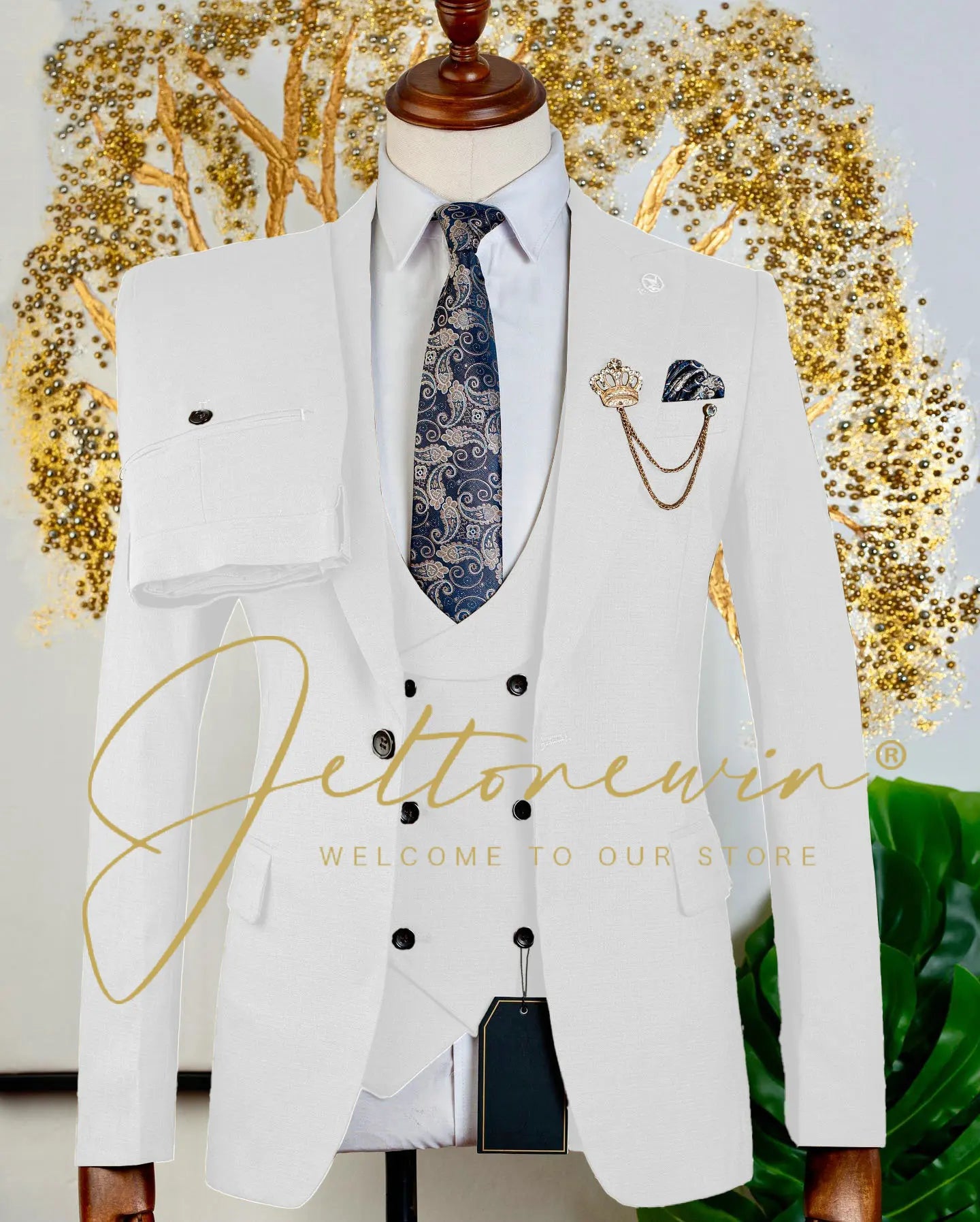 Men's Brown Three Piece Suit with Vest and Trousers Slim Fit Formal Wear for Wedding Groomsmen Party Business Occasion
