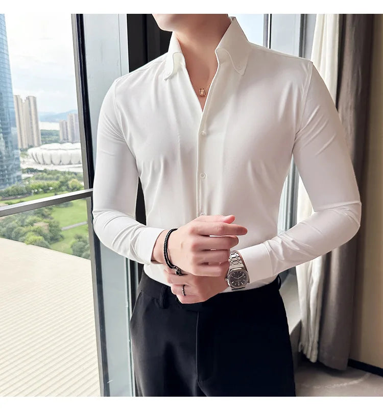 Men Dress Shirt 2025 Autumn British Style Solid Casual Slim Fit Formal Camisas V-neck Long Sleeves Shirt Streetwear Men Clothing