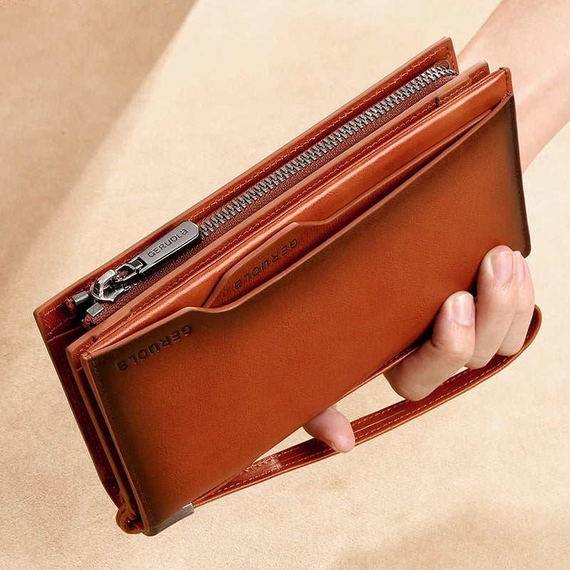 New Men's Genuine Leather Wallet Long Cowhide Handbag Travel Lightweight Minimalist Large Capacity Anti-Theft Gradient Yellow Br