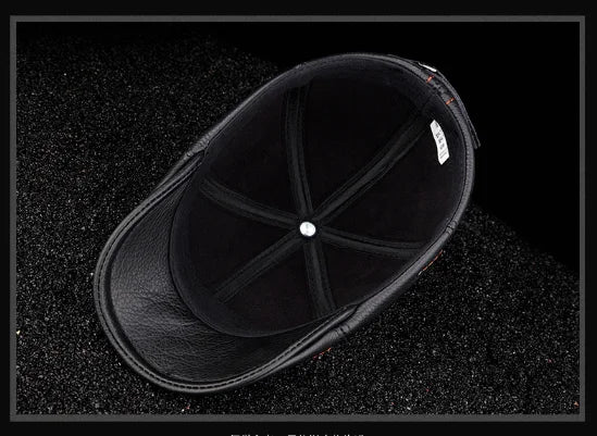 New Cowhide Genuine Leather Men Berets Cap Hat High Quality Fashion Men's Real Leather Adult Striped Black Hats