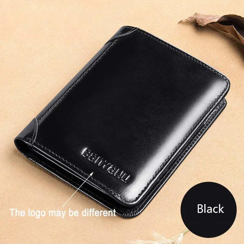 Genuine Leather Wallet for Men with RFID Trifold Business Short Small Cowskin Purse with ID Window and Credit Card Holder