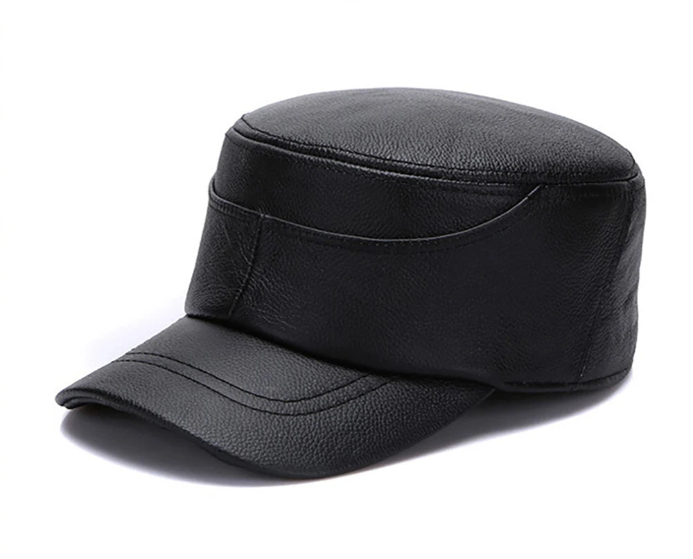 New Real Cow Leather Flat Cap Earflap Cap Men Real Leather Hats Fall Winter male 100% Genuine Real Cowhide Leather Military Caps