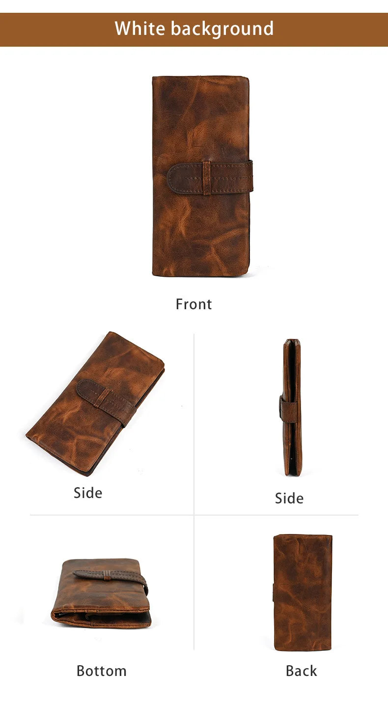 Vintage Genuine Leather Men's Long Wallet Real Cowhide Leather Long Purse Men Women Smooth Skin Leather Card Purse Anti Theft