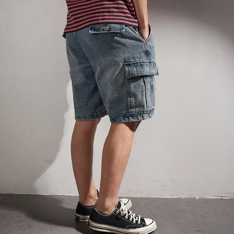 Shorts for denim men's tooling, cat's whiskers, straight pants, old retro pants, versatile multi-bag pants.