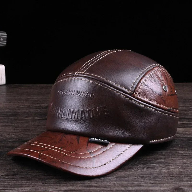 2025 Winter Man Genuine Leather Baseball Caps Male Casual Cowhide Belt Ear Warm 56-60 Adjustable Splice Flight Hats