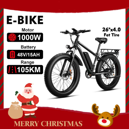 US Stock1000W Electric Bicycle 48V 15AH E Bike 26" Fat Tire Mountain 31mph Black Colour For Adult
