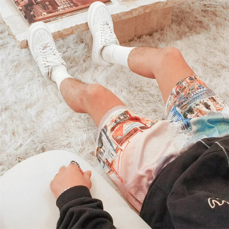 Summer New men short pant Rose Design Casual Shorts Street Hip Hop Fitness Polyester Fast Dry Breathable Embroidery Men Shorts