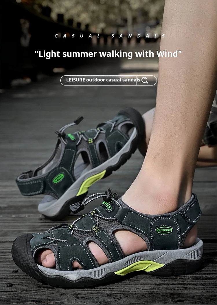 2024 Men Genuine Leather Shoes Men's Sandals Durable Handmade Stitching Close Toe Non Slip Footwear for Indoor Outdoor Beach