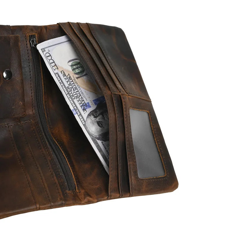 Vintage Genuine Leather Men's Long Wallet Real Cowhide Leather Long Purse Men Women Smooth Skin Leather Card Purse Anti Theft