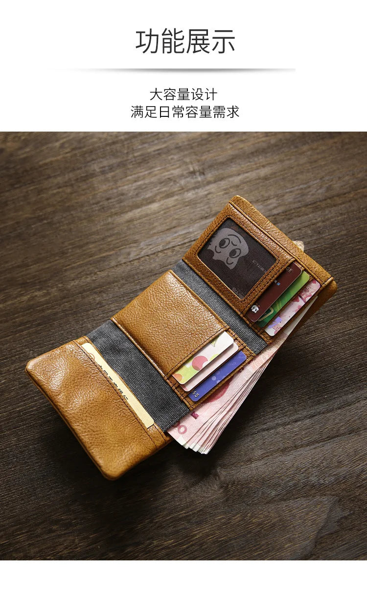 2025 Handmade Wallet Men's Short Leather Triple Fold Money Clip Cowhide Youth Buckle Student Vertical Vegetable Tanned Leather