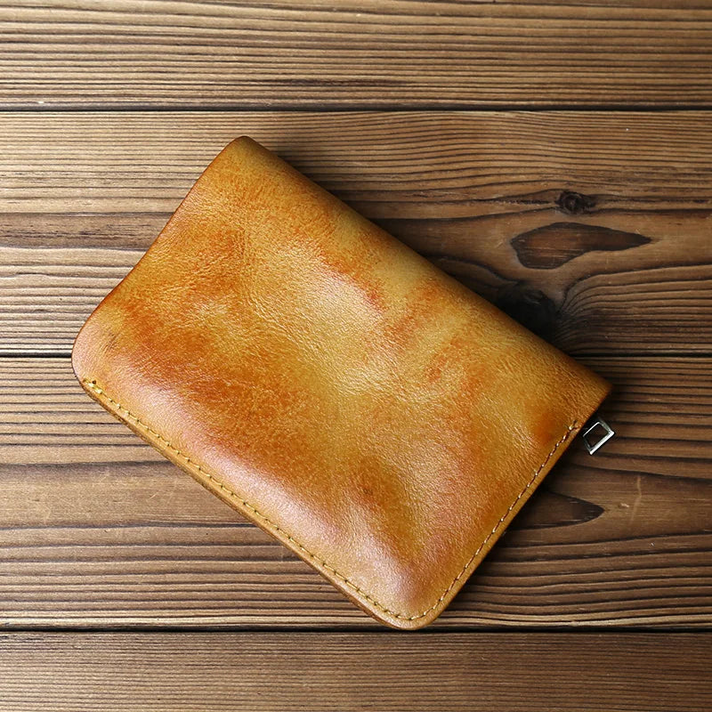 Retro Handmade Leather Wallet for Ladies Top Layer Cowhide Men's Short Wallet Wiping Color Buckle Bag Vertical Credit Card Bag