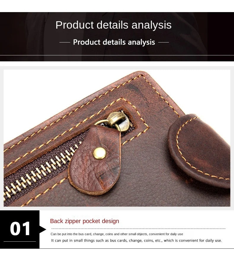 Men's Crazy Horse Leather Short Wallet Genuine Leather Buckle Wallet Vintage Top Layer Cowhide Card Holder Multi-Card  Wallet