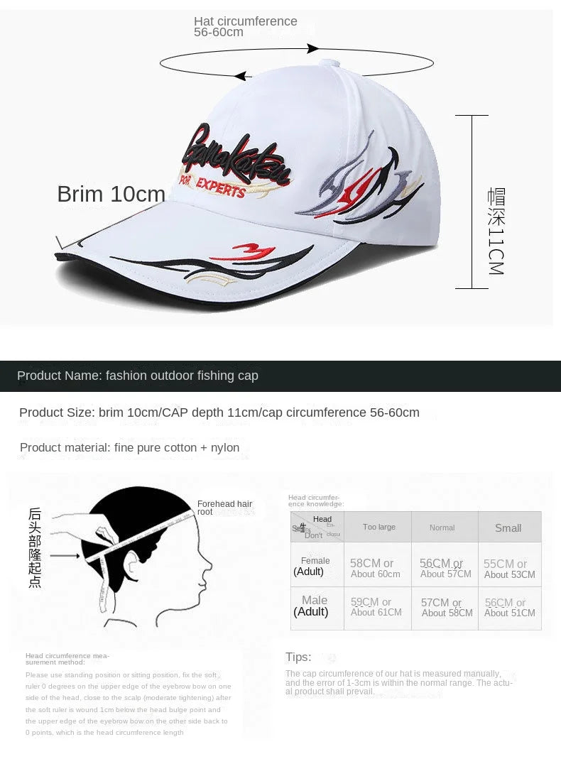 Summer Fishing Cap for Men and Women, Waterproof Sun Protection, Embroidery Cotton Caps, Outdoor Sports Hats, Black