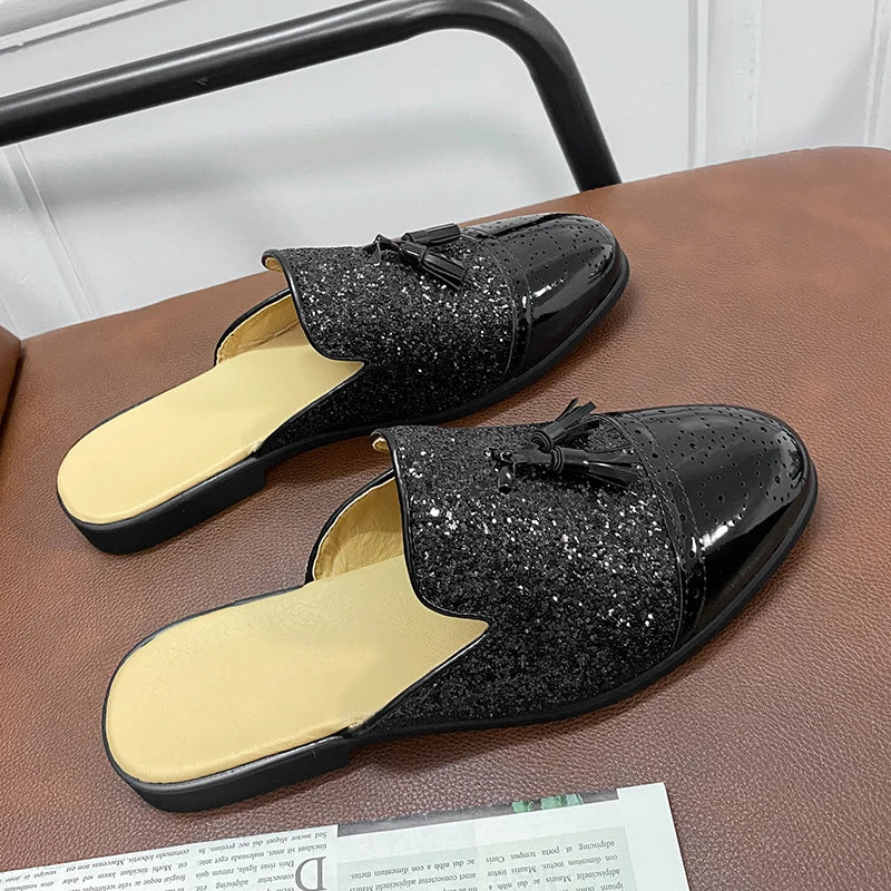 2024 New Luxury Designer Men's Casual Bling Leather Loafers Italian for Men Half Shoes Mules Male Black Slides Business Slippers