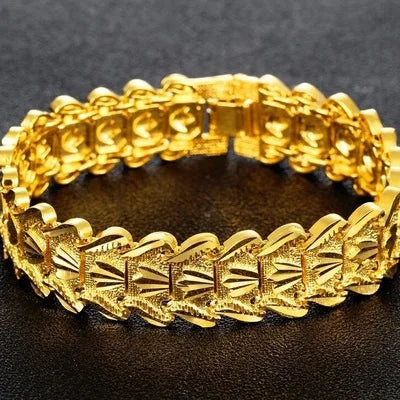 SAIYE 21cm Retro Fashion European Coin Gold Plated Jewelry 24K Gold Men Wide Bracelet Watch Chain Wholesale