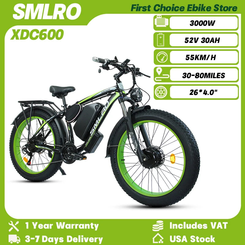 SMLRO XDC600 Adult Off-Road Ebike 3000W 52V 30Ah Hydraulic Disc Brakes Electric Bicycle 26*4.0" Fat Tire Mountain Electric Bike
