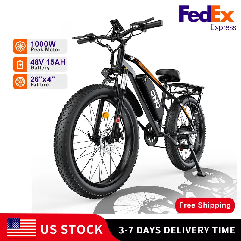 QNQ Q26 Electric Bicycle 1500W Motor 48V15AH Lithium Battery Electric Bike 26 Inch Fat Tire Snow E-bike