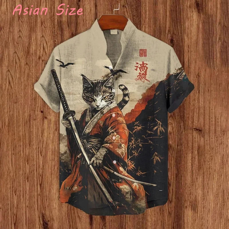 Summer Men's Retro Cartoon samurai Cat Theme Short Sleeve Shirt vintage japanese style Casual Vacation Streetwear Men's camisas
