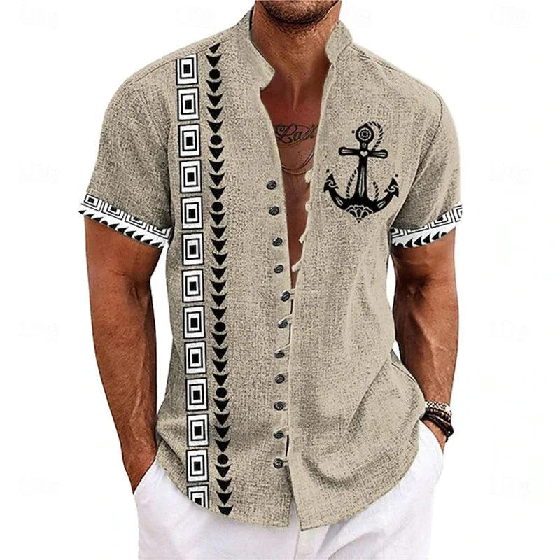 2025 Men's Button Shirts Hawaiian Shirt Casual Tribal Holiday Summer Stand Collar Short Sleeve Clothing Fashion VersatileTops