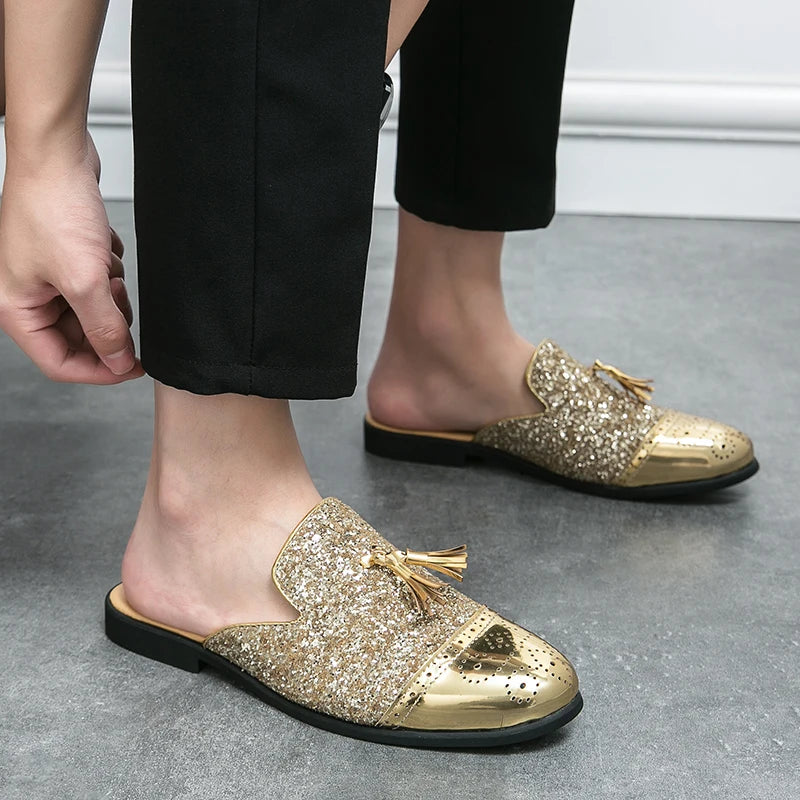 2024 New Luxury Designer Men's Casual Bling Leather Loafers Italian for Men Half Shoes Mules Male Black Slides Business Slippers