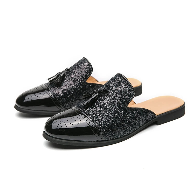 2024 New Luxury Designer Men's Casual Bling Leather Loafers Italian for Men Half Shoes Mules Male Black Slides Business Slippers