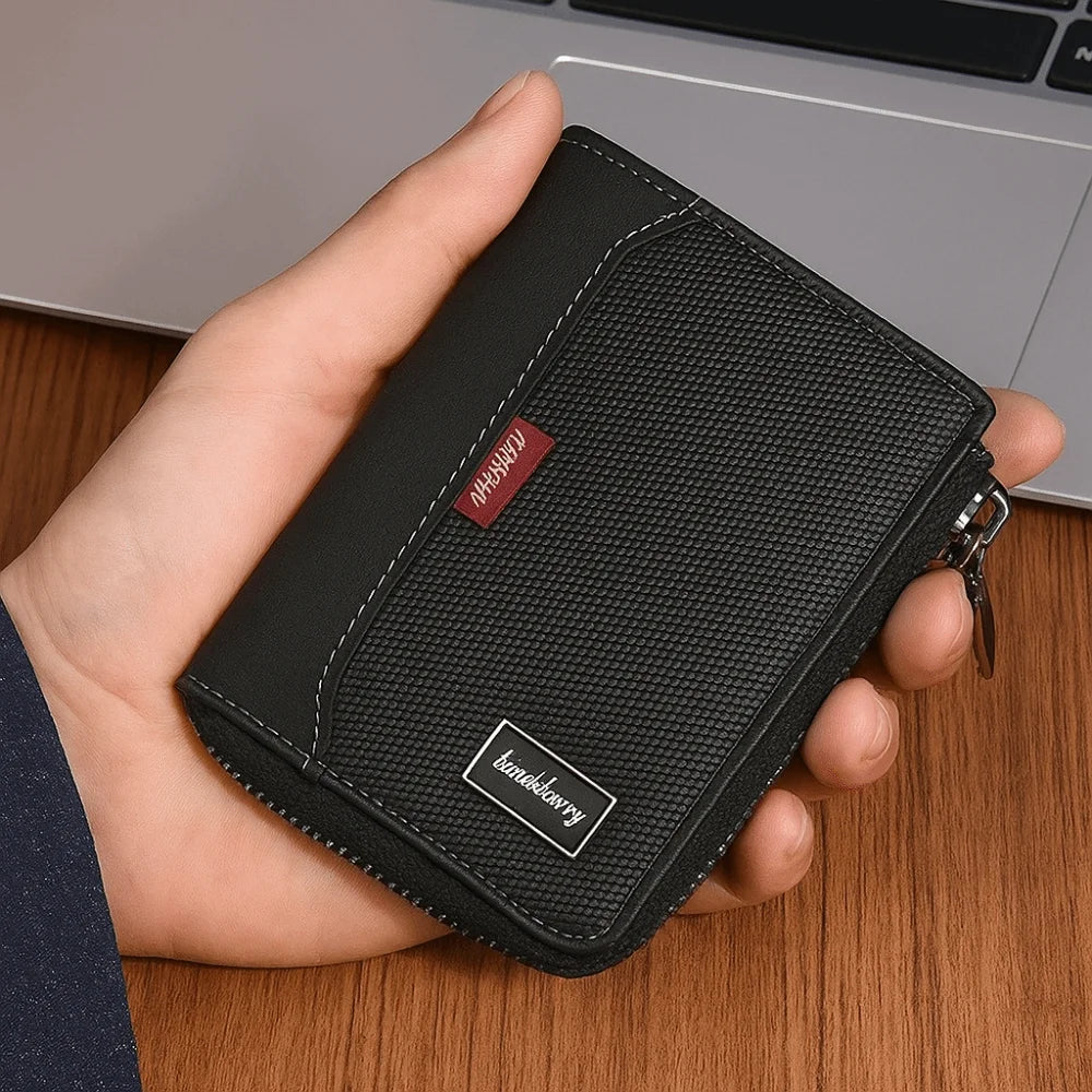 Portable PU Leather Men's Wallet Multi-functional Large Capacity Short Card Bag Zipper Closure Square Business Wallet Male