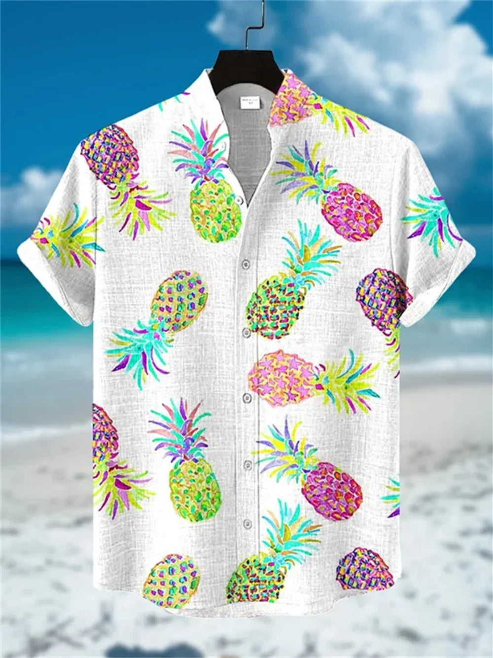Men's Hawaiian Stand up Collar Printed Linen Shirt Casual Vacation Outdoor Breathable Loose plus Size Top