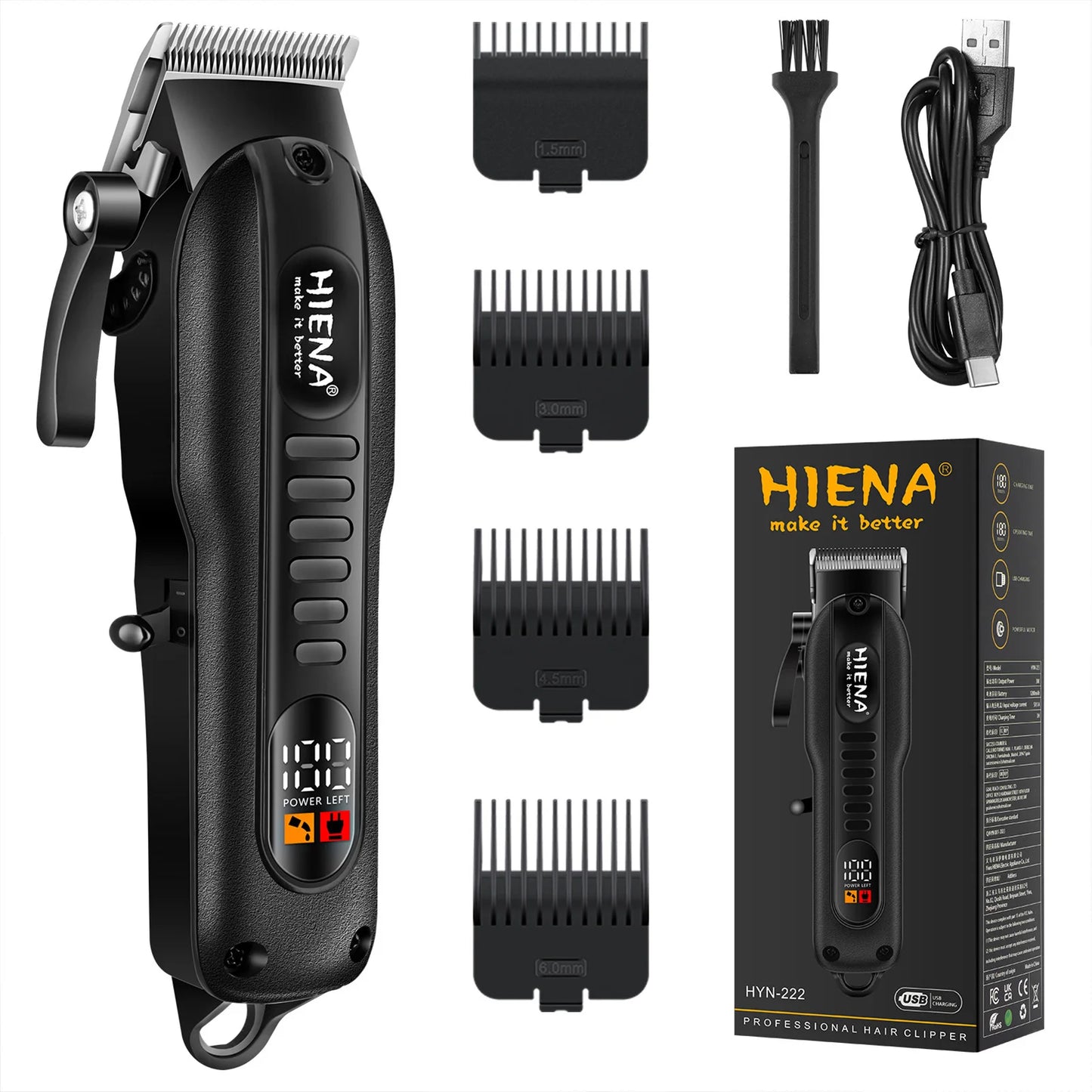 HYN-222 Professional Hair Clippers 5V1A Rechargeable Hair Trimmer Stainless Steel Blade Black Washable Head For Men Styling Tool