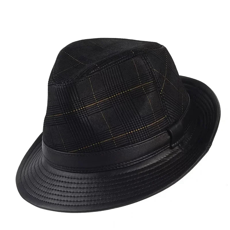 Winter Genuine Leather Suede Print Black GeometryTop Hats For Men/Women British Gentlemen Wide Brim Stetson Fedoras 55-60cm Fitt