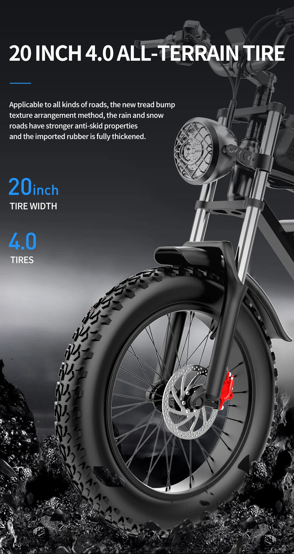 YVY Electric Bike for Adults 1200W 48V 15.6Ah Teens Off-road Touring City Trail 20*4 Inch Fat Tire Snow City Commuter EBike