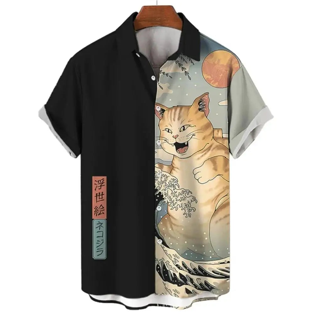 Fashion Men's Clothing Cool Samurai Cat Tops Summer New Men's Clothing Casual Short-Sleeved Anime Loose Blouse Hawaii Beaches